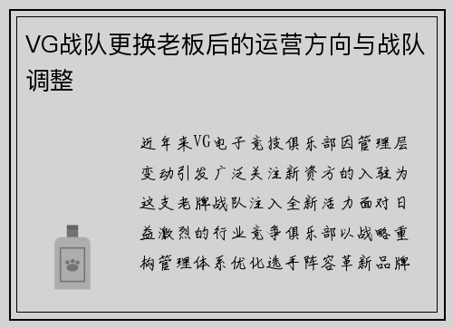 VG战队更换老板后的运营方向与战队调整