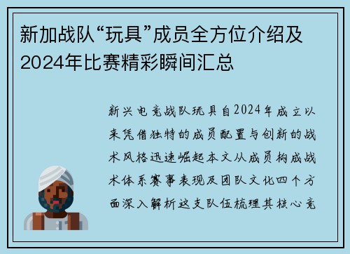 新加战队“玩具”成员全方位介绍及2024年比赛精彩瞬间汇总
